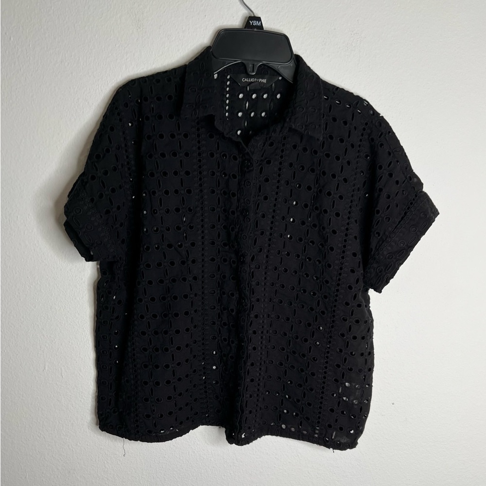 Calligraphie Top Women Size S Black Eyelet Open Knit Button Up Short Sleeves